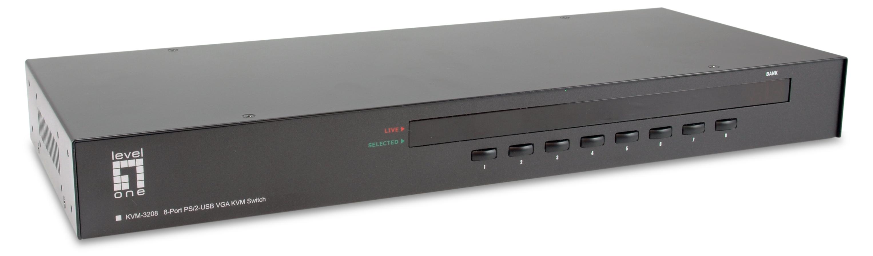 LevelOne 8-Port PS/2-USB VGA KVM Switch, 2048 x 1536 Pixel, Rack-Einbau, 1U, Schwarz