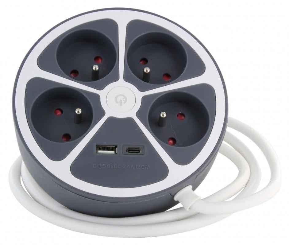 Chacon Circle block stekkerdoos met 4 x 16A aansluitingen en 2 USB-poorten, Grijs, 1.5 m