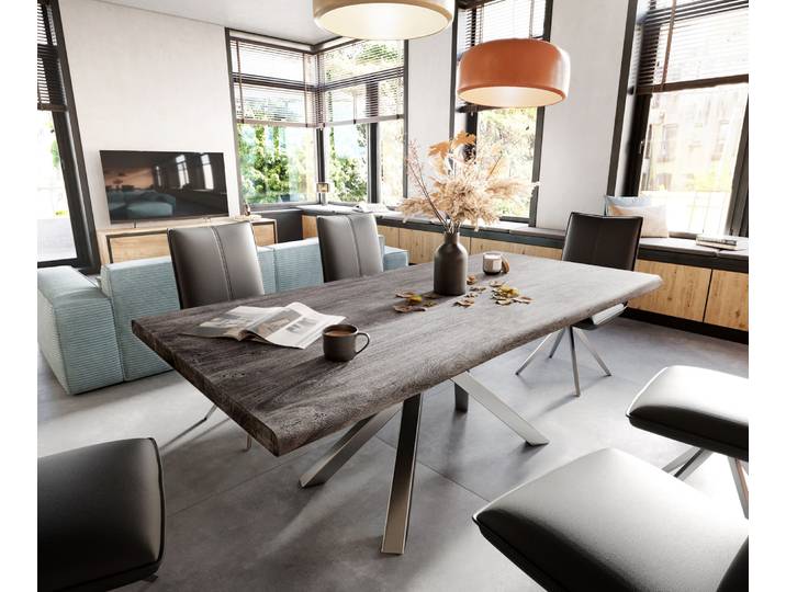 Esstisch Edge 200x100 XL Akazie Platin Kreuzgestell Rechteck Edelstahl Live-Edge, Esstische, Baumkantenmöbel, Massivholzmöbel, Massivholz
