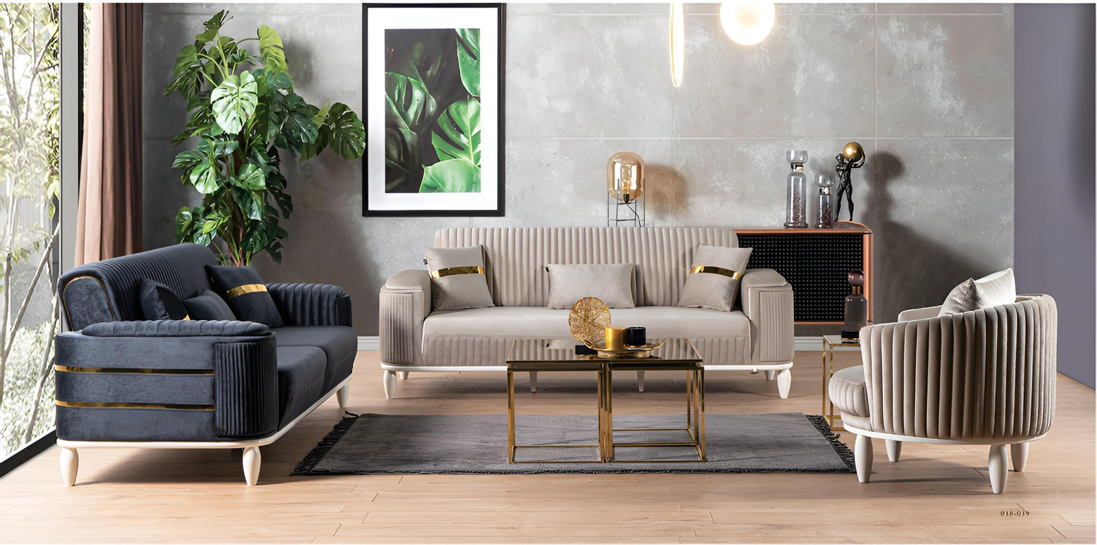 Beige Polstersofas Wohnzimmer Relaxsessel Stoffgarnitur met 2x Designer fauteuils