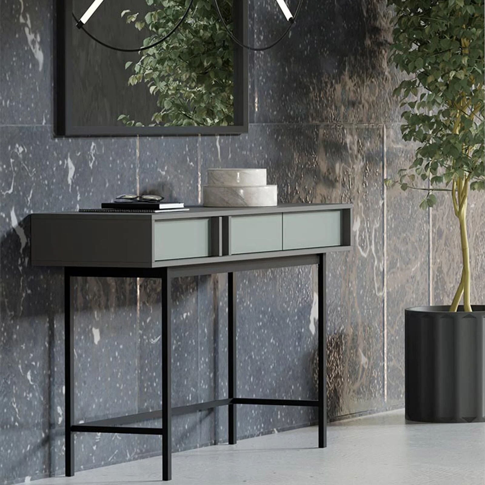 garneroarredamenti Consolle 123x83 cm 2 cassetti antracite verde Essenzia