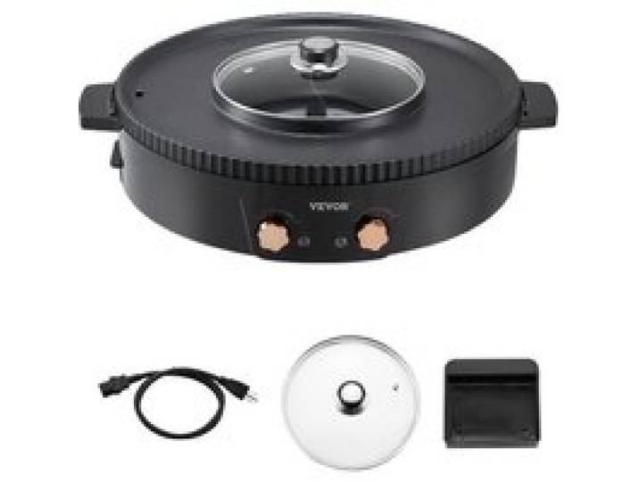 VEVOR Appareil à Fondue Chinoise avec Gril 2-en-1, Hot Pot Électrique 1800 W, Fondue Électrique avec Double Contrôle de Température Séparé, Poêle Antiadhésive, pour Barbecue Coréen Shabu Shabu Hotpot