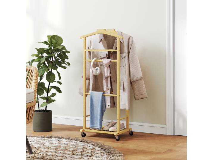 HOMCOM Portant Vêtements Bambou Roulettes Bois Naturel 47x33x105cm