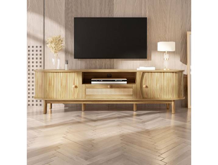 Meuble TV en Rotin Meuble TV Salon Portes en Bois Massif Tiroirs Grand Rangement Style Campagne Blanc