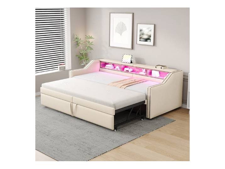 Merax Daybett, Polsterbett mit Ausziehbett, Schlafsofa mit LED und USB, 90/180x200 cm