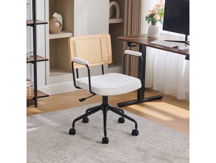 Chaise de bureau pivotante - Design vintage moderne - Siège en chenille - Dossier en rotin - Accoudoirs en métal noir