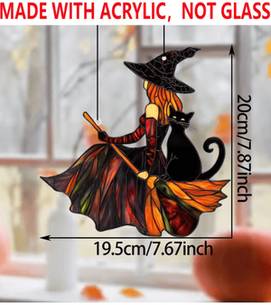 Inspire Curations Gothic Witch & Black Cat Suncatcher Halloween Window Decoration Acrylic Hanging Ornament For Home & Party suncatcher Ms10799