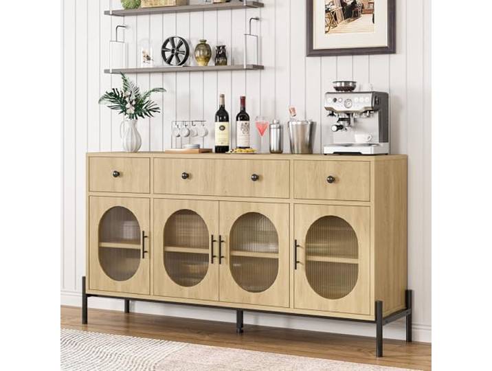 GarveeHome 62 Holz-Sideboard mit 3 Schubladen & 4 Glastüren – Buffet für Essenz- oder Wohnzimmer, verstellbare Ablagen, Eichenholz-Natur