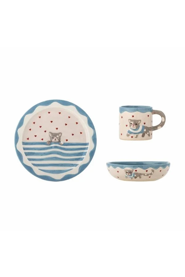 Bloomingville Mini Mille 3-delige servieset van keramiek, blauw meerkleurig met strepen