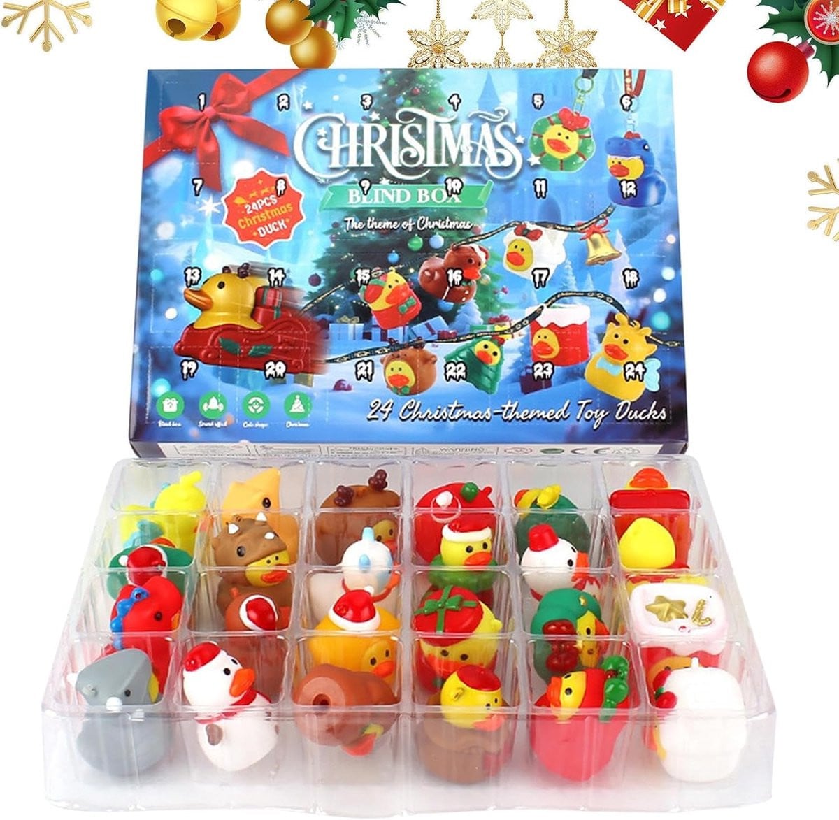 Eend Adventskalender met 24 mini eendjes voor de feestdagen, 31 x 5 x 22,5 cm