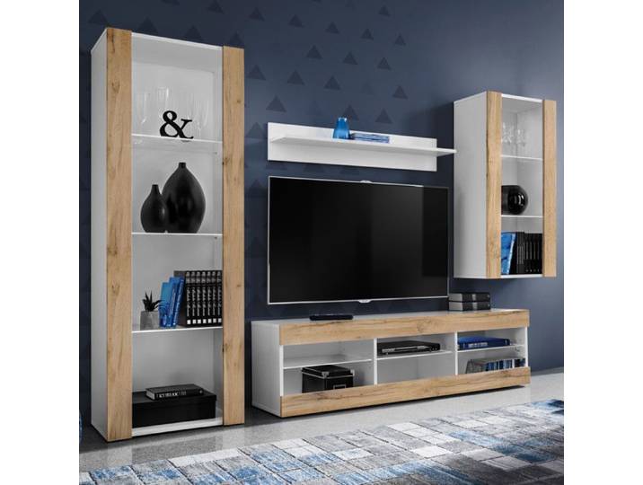 Meuble TV Tivoli Set Medio Komodee - sans LED - Bois naturel Mat et Blanc - 195x159x35 cm