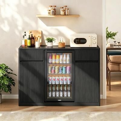 Large Coffee Bar Cabinet With Fridge Space & Power Outlet, Fluted Modern Fridge Cabinet With Wine Storage & Adjustable Shelf