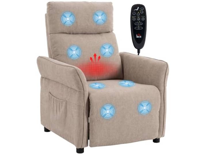 HOMCOM Relaxsessel mit Massage & Wärme, Verstellbaren Armlehnen, Braun Fernsehsessel, Manuell Verstellbarer Massagesessel, TV-Sessel mit Liegefunktion, Frottee-Bezug, Seitentaschen, bis 150 kg