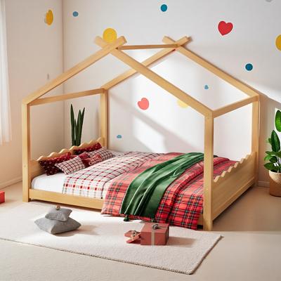 Solid Wood House Floor Bed with Support Slats and Opening Construction