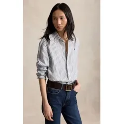 Polo Ralph Lauren für Damen. 211935130502 Kurzes und weites Leinenhemd mit weißen, blauen Karos (M), Lässig, Kurzarm