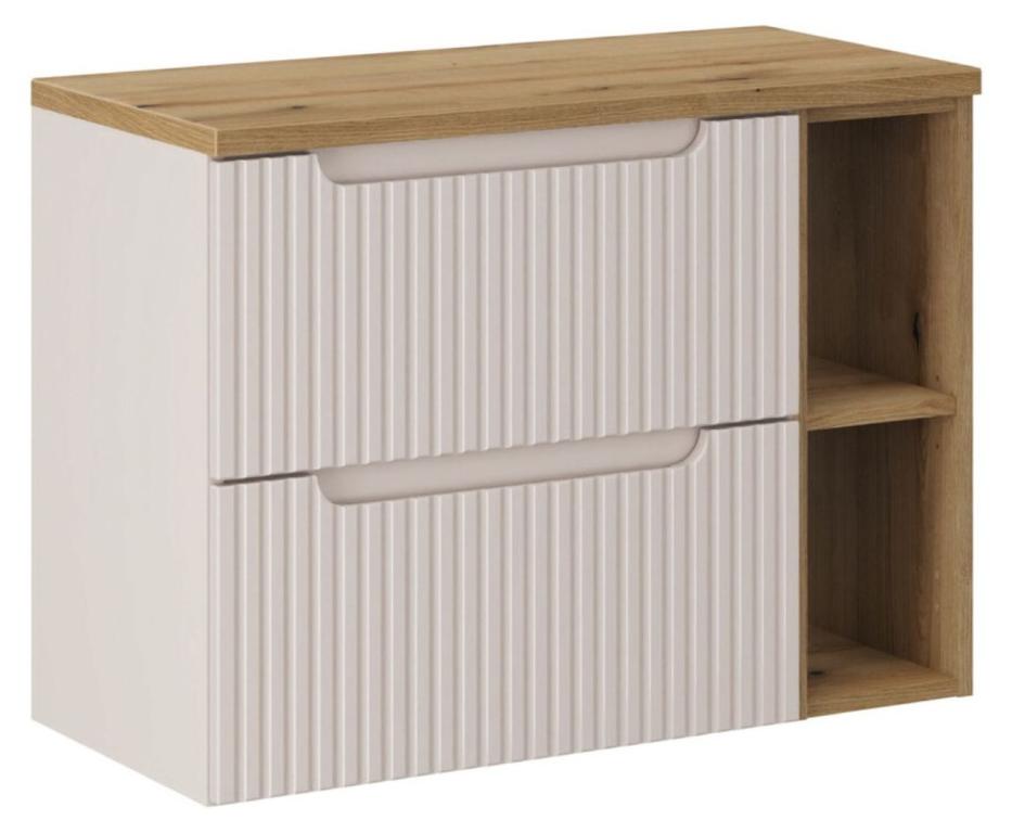 Badezimmer-Set VANO Kaschmir und Eiche 80cm: Unterschrank mit Schubladen und sichtbaren Fächern + Platte für Waschbecken