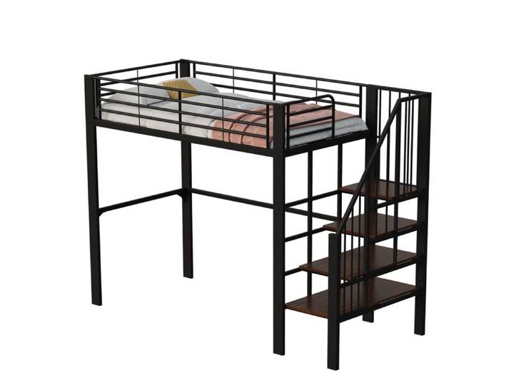Hochbett 90 x 200 cm - Métal noir - Avec treppe et rangement sous le lit