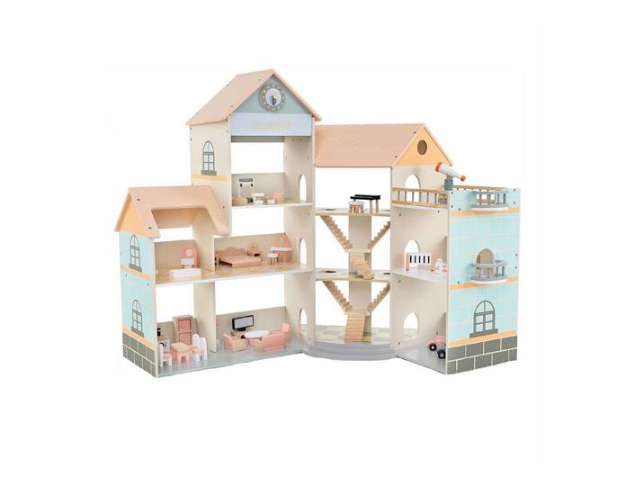 KOMFOTTEU Puppenhaus, 3-stöckiges Dollhouse mit 7 Zimmern, 42 Zubehörteilen