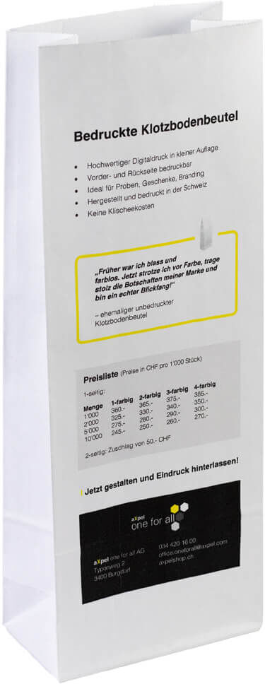 aXpel Klotzbodenbeutel/Mehlbeutel bedruckt 10 x 28 x 6cm weiss