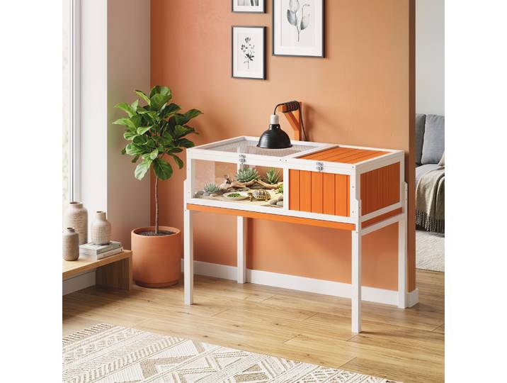PawHut Enclos Tortue Bois 104x53x82cm Maison Hublot Blanc Orange