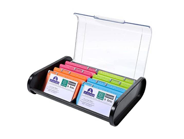 Exacompta - Réf. 68198D - Fichier pour cartes de visite - livré avec 8 intercalaires alphabétiques avec cavaliers - peut contenir 400 cartes de visite - dim 18x24 5x6 cm - couleur noir/arlequin