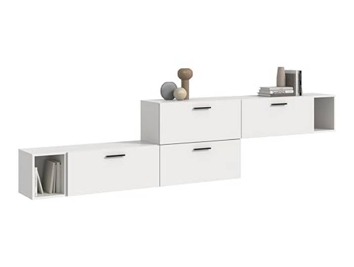 xonox.home – Wohnkombination The One 276x97x34 cm in Weiß Nachbildung – Breite TV-Wand mit 4 praktischen Klappen – 10 Fächer bieten enormen Stauraum & eine klare Linienführung für Ihr Heimkino