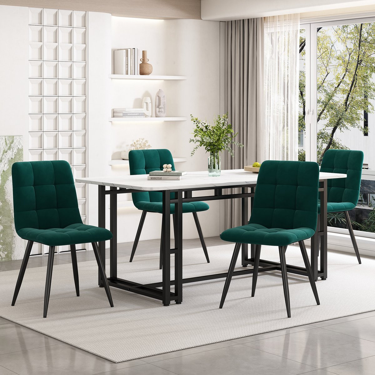 MODFU Eethoekset met 4 stoelen - Modern - Groen en Zwart - MDF, Fluweel en Metaal