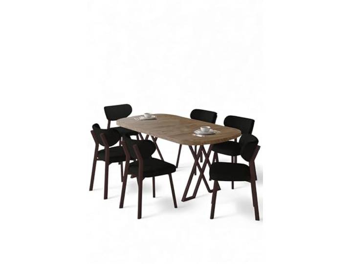 Hanah Home Modern 7-Piece Dining Table & Chairs Set, Atlantic Pine & Black, 100% MDF with Metal Legs, Boucle Fabric, Perfect for Scandinavian Homes