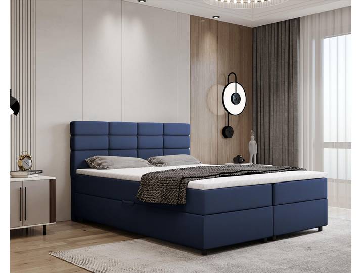Boxspringbett 160x200, mit Bettkasten, Dunkelblau, Matratze und Topper, Doppelbett, REVE, Panda Möbel