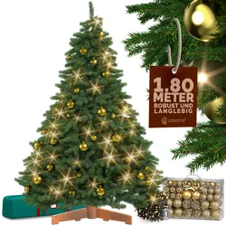 Künstlicher Weihnachtsbaum Premium 180cm + Kugeln Gold + Lichterkette warmweiß