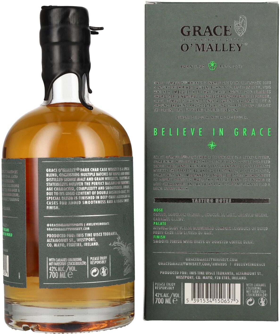 Grace O' Malley Irish Pirate Queen Whiskey Dark Char Cask 42% Vol. 0,7l in Geschenkbox