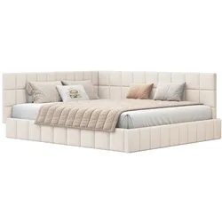 OKWISH Tagesbett 160 x 200 cm aus Samtstoff mit auswechselbarer Rückenlehne, Lattenrost und Stauraum, vielseitig als Sofa nutzbar, Beige