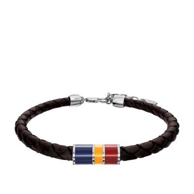 Armband FOSSIL "Everett", braun (braun, edelstahlfarben, blau, gelb, rot), Armbänder, Herren, 21,6cm, Edelstahl Leder, Edelstahl, Leder, Armband, Emaille