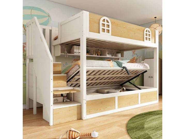Lit superposé enfant en bois 90x200cm avec coffre de rangement Lit coffre avec sommier Lit enfant avec étagère de rangement barrière