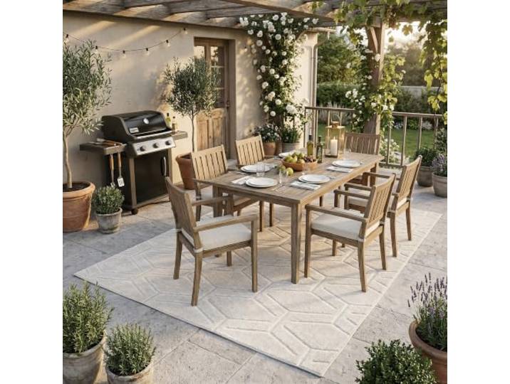 Classy Creme Rauten – Wetterfester Outdoor Teppich für Innen & Außen