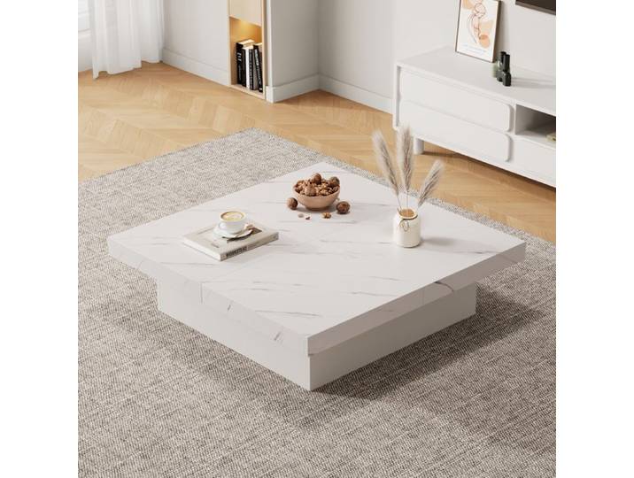 Feuille épaissie Table basse carrée blanche moderne aspect marbre 90 x 90 x 25 cm - quatre tiroirs plateau coulissant capacité