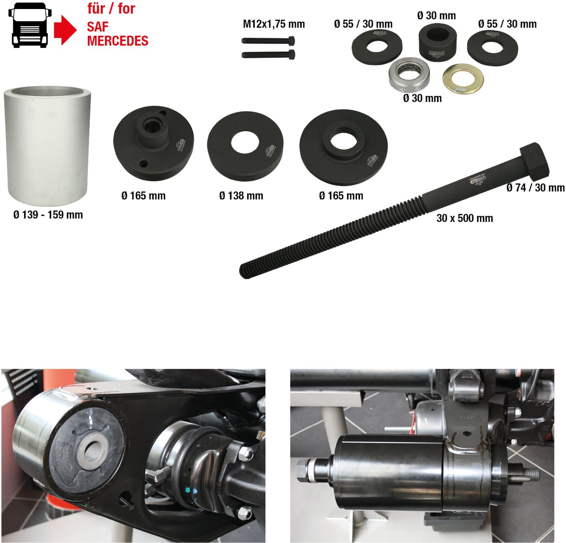 KS Tools 3D-Buchsen-Werkzeug-Satz für SAF-Achsen, Mercedes DCA- und HT-Achsen, 12-tlg. (460.4885)