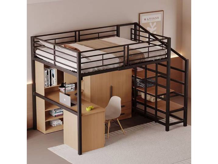 Lit mezzanine 140x200 cm métallique robuste avec espace de rangement et escalier Lit de rangement - SWEIKO - Noir