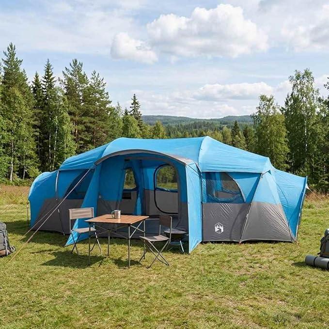 Familienzelt wasserdicht mit Regenschutz blau, 10 Personen, 185T Polyester, Fiberglas- und Stahlgestänge, Tunnelzelt mit Mesh-Belüftung, E-Port