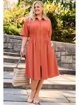 Plus Size Women's Smocked Waistband Zip-Front Dress by Avenue in Burnt Orange (Size 26/28)