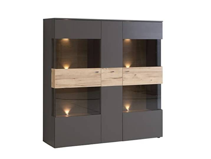 Newroom Vitrine Grau und Planked Eiche Vitrinenschrank Modern - 149,8x152,1x41,3 cm (BxHxT) - Glasvitrine Standvitrine Glasschrank - [Melvin.Four] Wohnzimmer Wohnstube