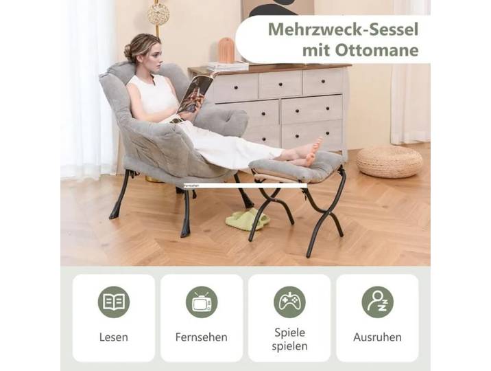 Ensemble fauteuil relax et repose-pieds pliant fauteuil sherpa pour lecture et détente poche latérale gris