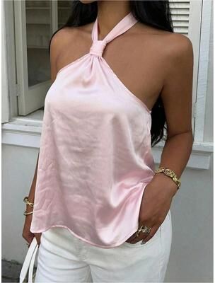 Universal Stock Vintage Polka Dot Halter Top For Women Lightweight Summer Sleeveless Tie Neck Blouse pink s