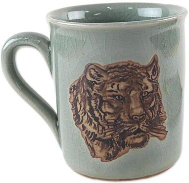 Novica Handmade Tigers Taste Celadon Ceramic Mug