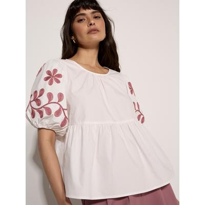 Klassische Bluse APRICOT "Blusenoberteil mit Blumenstickerei und Schößchen", Damen, Gr. M (38), beige (creme), gewebt, Obermaterial: 100% Baumwolle CO., Puffärmel Elastisch, Blusen Bluse, mit Schößchen