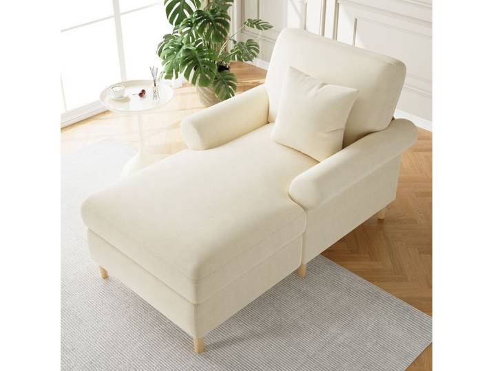 Fauteuil Relax Chaise Longue en Velours Beige Sessel XXL Confortable avec Coussin pour Salon et Chambre