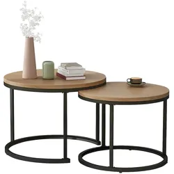 OKWISH Runder Couchtisch verschachtelbar MDF Tischplatte Marmormuster Beistelltisch Sofatisch modernes Wohnzimmer Eiche Großer + Kleiner Tisch