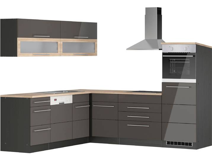 Winkelküche, MDF, Hochglanz Grau, 220×250 cm, Mit E-Geräten, Modern, Kochstation