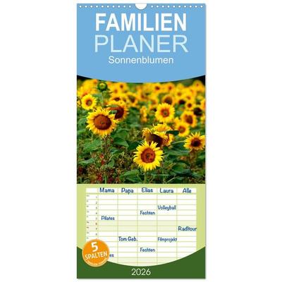 Familienplaner 2026 - Sonnenblumen mit 5 Spalten (Wandkalender, 21 x 45 cm) CALVENDO