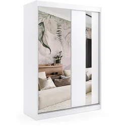 KLEIDERSCHRANK mit Spiegel-Schiebetüren und Aluminium-Leisten, LED-Beleuchtung - GRACE - 150 cm Weiß